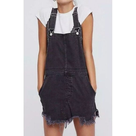 Free People Womens Black Denim Distressed Overall Mini Dress SZ W6 Boho Grunge - Picture 4 of 7